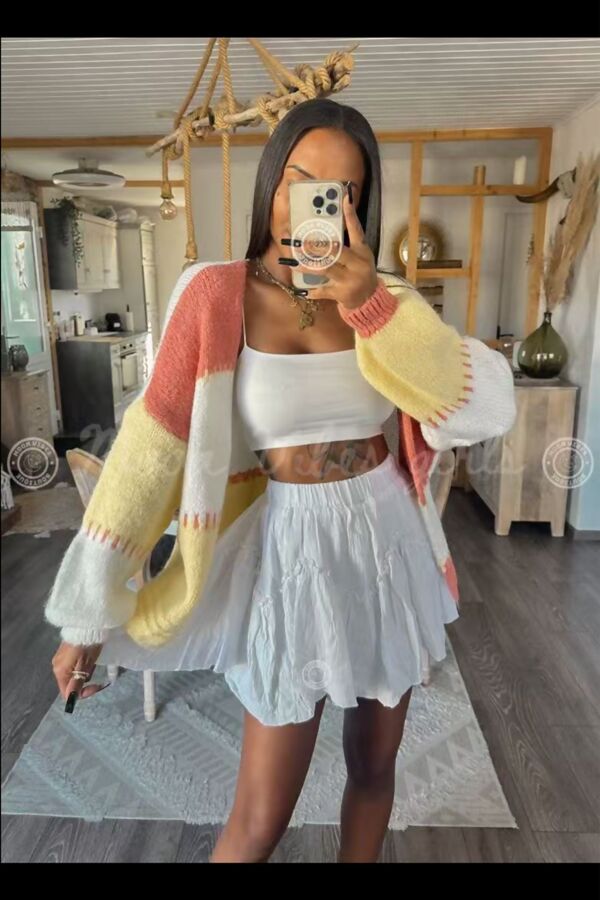 Long Sleeve Block Knitted Short Cardigan
