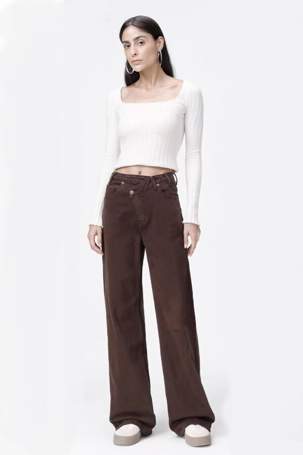 Brown High Asymmetric Waist Wide Leg Jeans