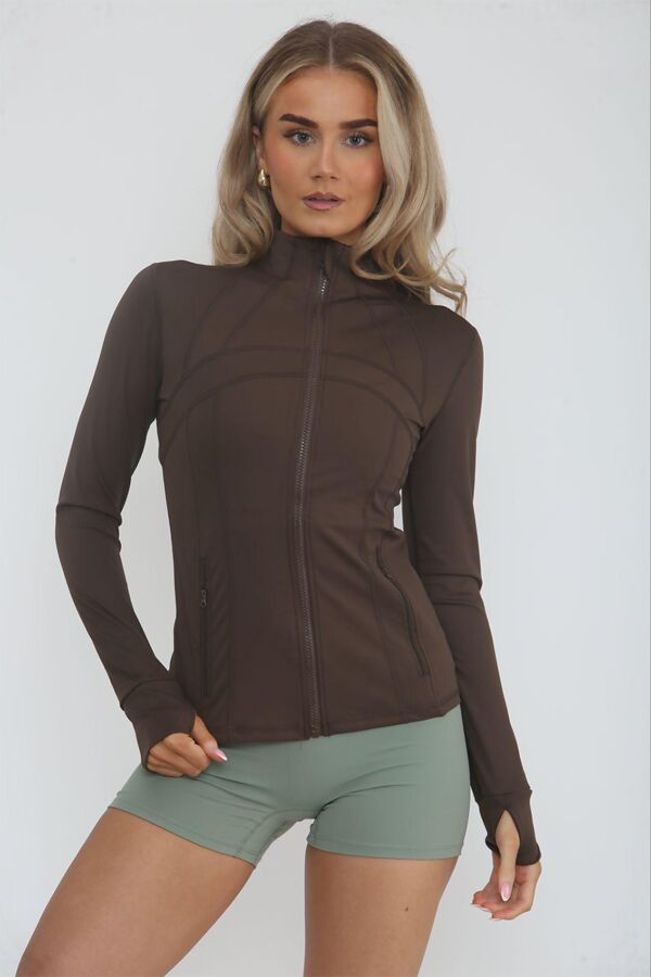 Brown High Neck Fitted Zip-Up Lightweight Athletic Jacket