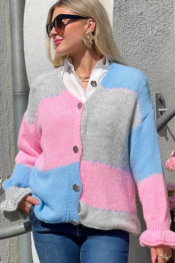Block Colour Buttoned Front Knitted Cardigan