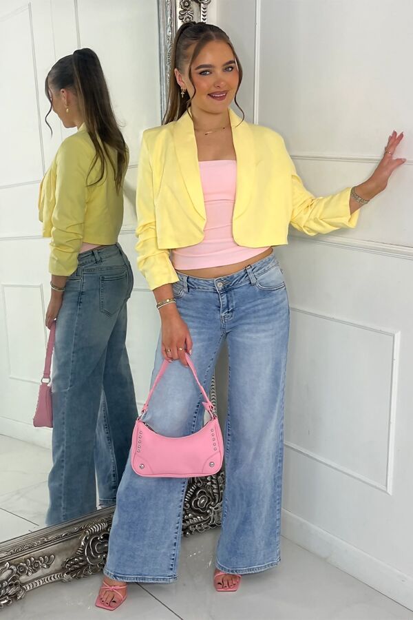 Yellow Ruched Sleeve Cropped Blazer