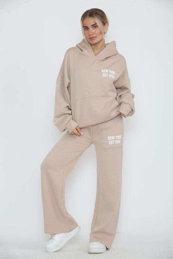 Beige Drop Shoulder NEW YORK Printed Hoodie With Trouser