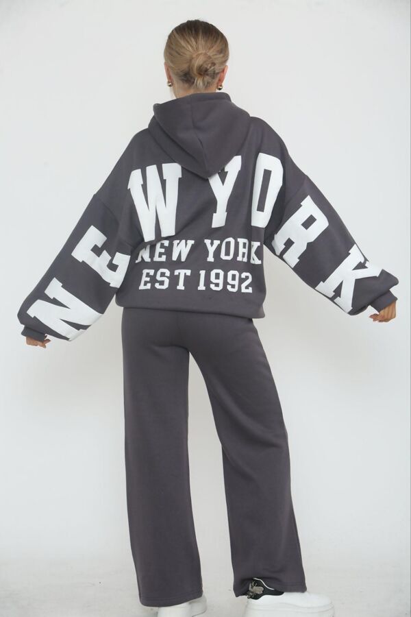 Slate Grey Drop Shoulder NEW YORK Printed Hoodie With Trouser