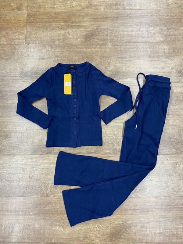 Navy Kids Ribbed Molly Button Through Top and Wide Leg Trousers