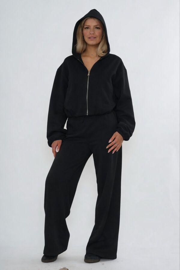 Black Bubble Hem Zip Up Hoodie With Relaxed Trouser