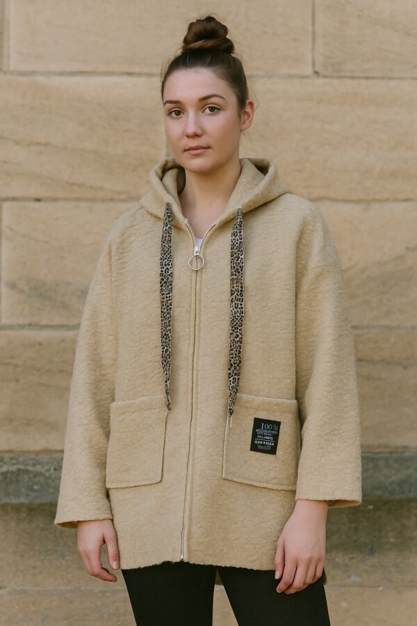 Oversized Teddy Fleece Hoodie With Leopard Print Drawstrings