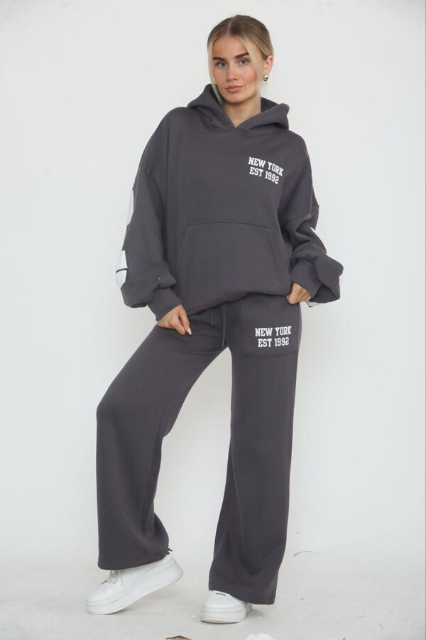 Slate Grey Drop Shoulder NEW YORK Printed Hoodie With Trouser