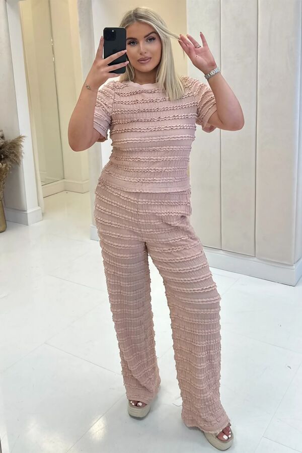 Short Sleeve Textured Top With Straight Leg Trouser