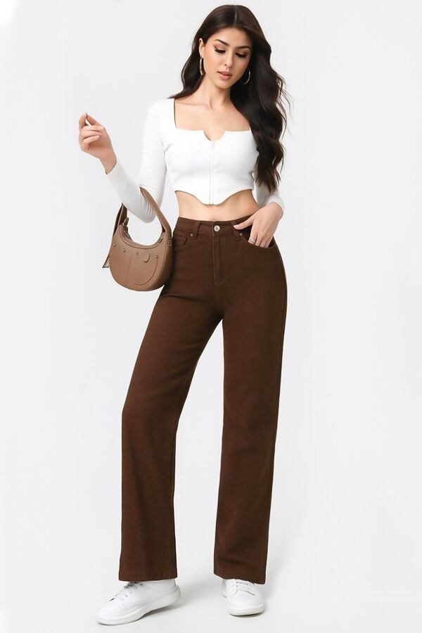 Brown Casual Straight Fit High Waisted Jeans