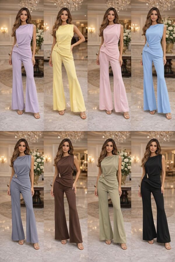 Elegant Sleeveless Draped Top With Wide Leg Trouser