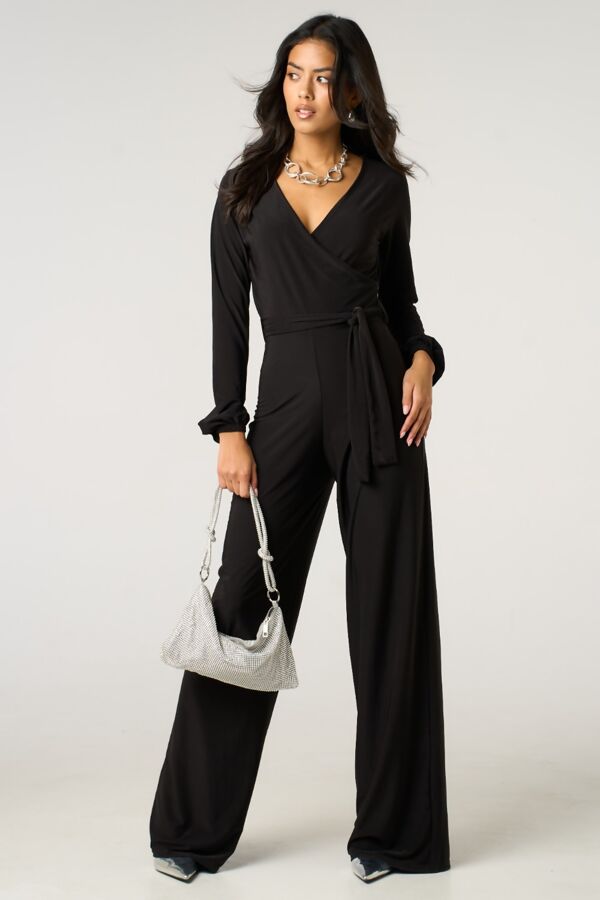 Black Plunge V Neck Wide Leg Jumpsuit