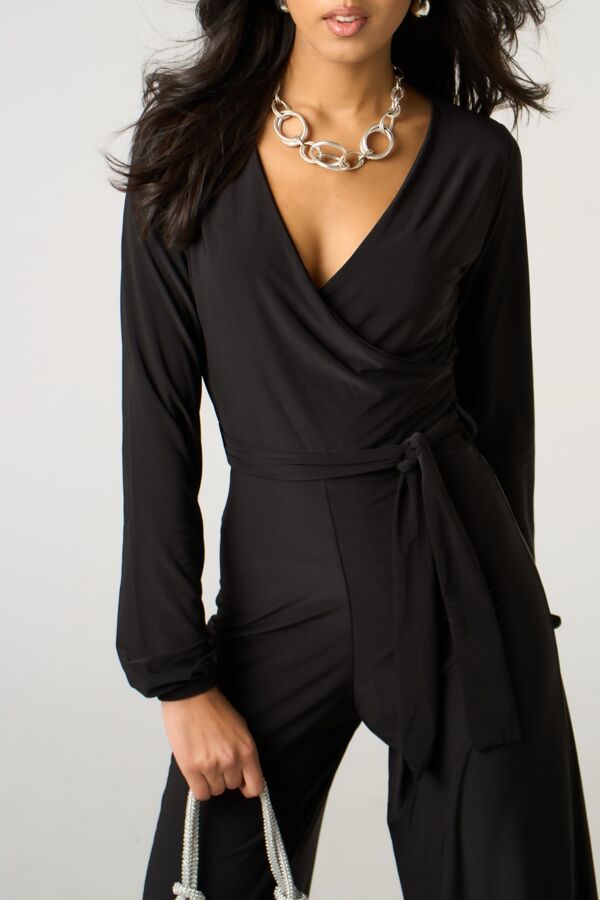 Black Plunge V Neck Wide Leg Jumpsuit