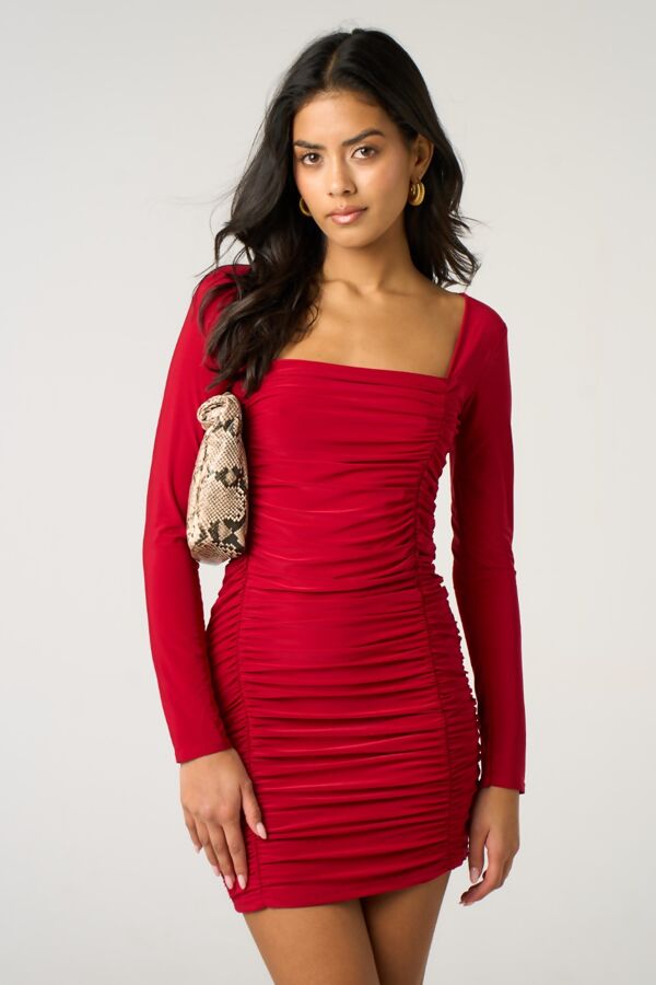Red Long Sleeve Square Neck Mini Dress