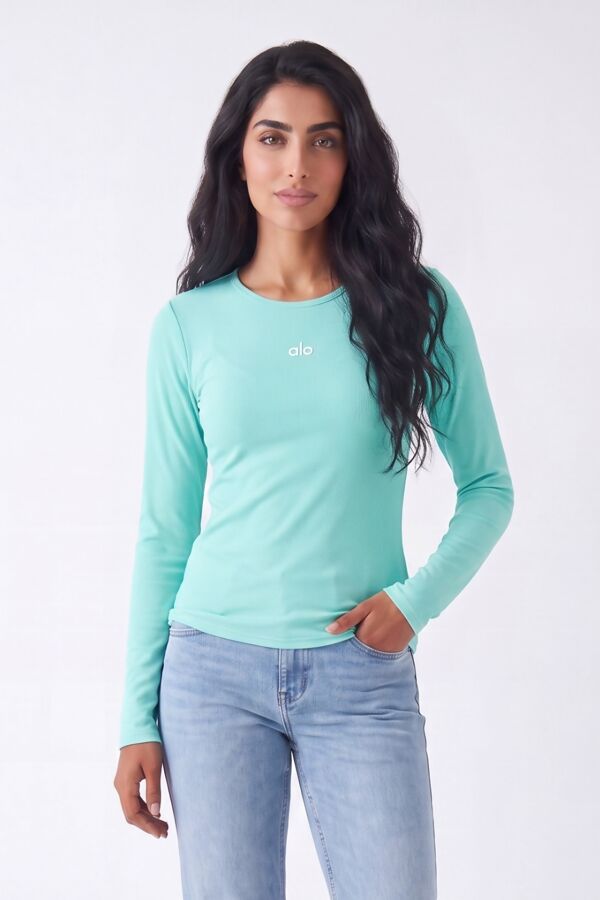 Mint Crew Neck Printed Slim Fit Stretch Ribbed Top