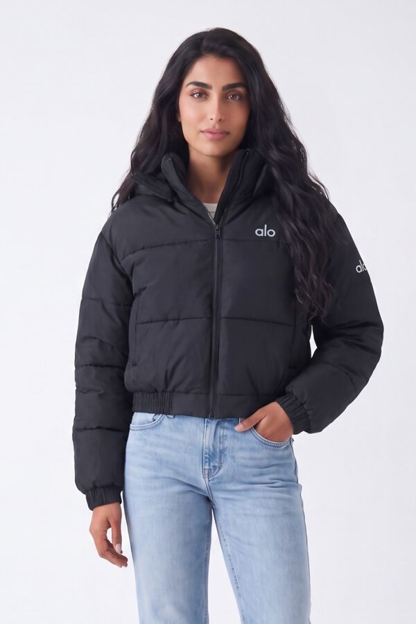 Black Short Hooded Printed Puffer Coat