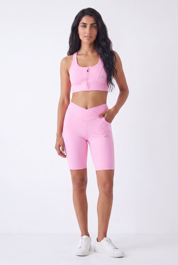 Pink Zip Front Printed Gym Crop Top With Cycling Short Set