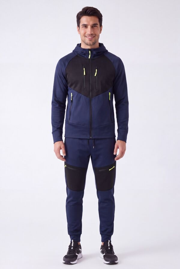 Navy With Black Color block Slim Fit Hooded Jacket & Joggers