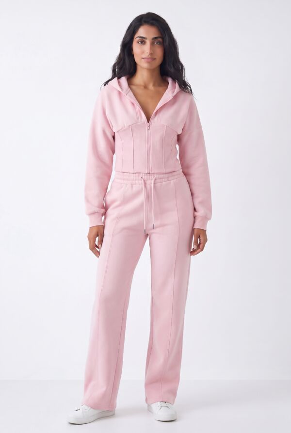 Pink Ribbed Corset Fit Hoodie With Straight Leg Trouser