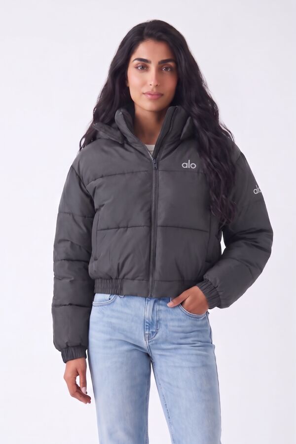 Charcoal Short Hooded Printed Puffer Coat