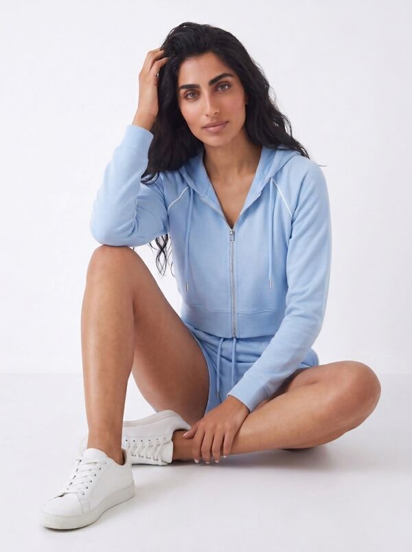 Sky Blue Contrast Piping Zip Up Hoodie With Short Set