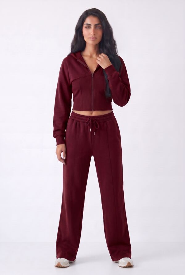 Wine Ribbed Corset Fit Hoodie With Straight Leg Trouser