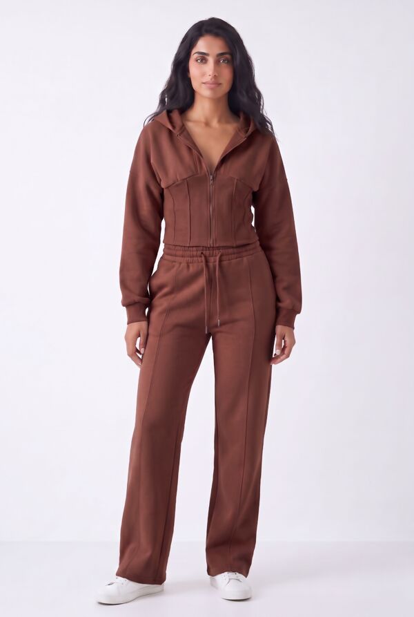 Brown Ribbed Corset Fit Hoodie With Straight Leg Trouser