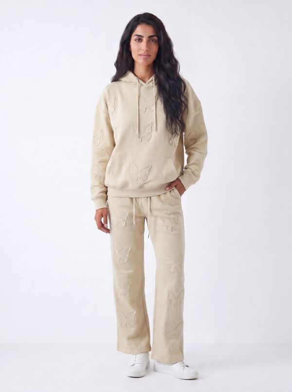 Beige Butterfly Embossed Hoodie Straight Leg Jogger