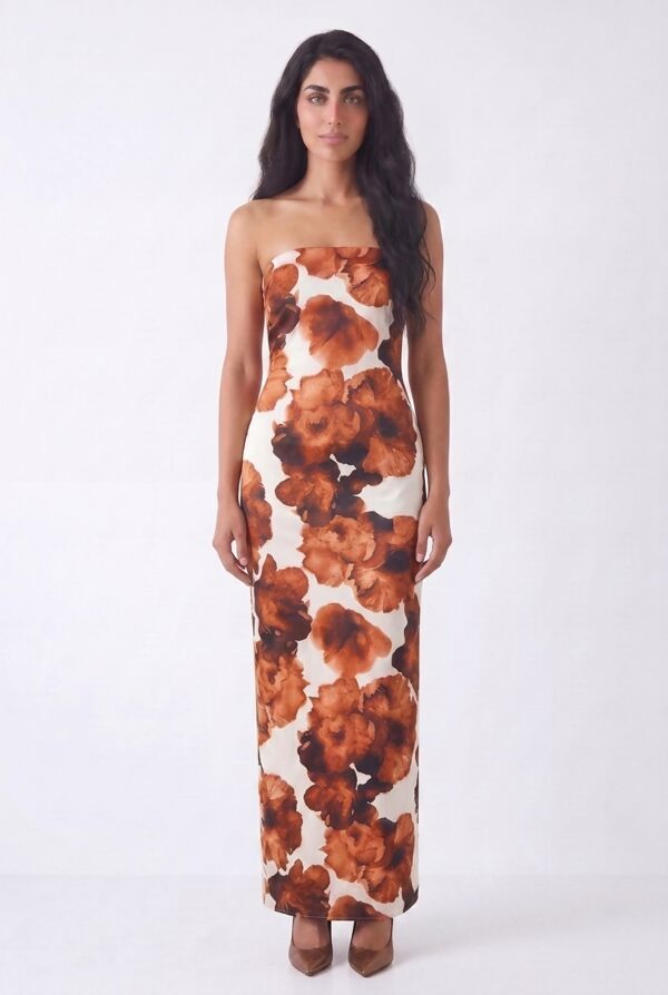 Rust Strapless Floral Bodycon Maxi Dress