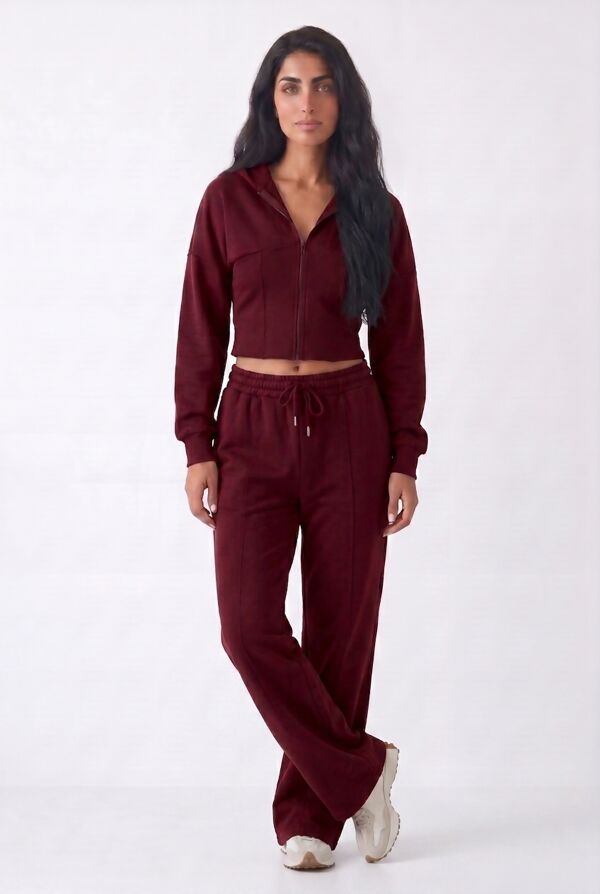 Wine Ribbed Corset Fit Hoodie With Straight Leg Trouser