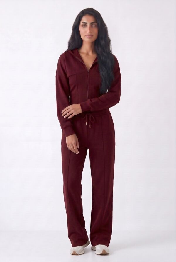 Wine Ribbed Corset Fit Hoodie With Straight Leg Trouser