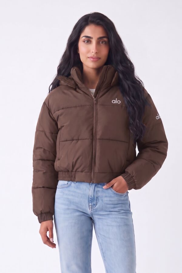 Chocolate Short Hooded Printed Puffer Coat