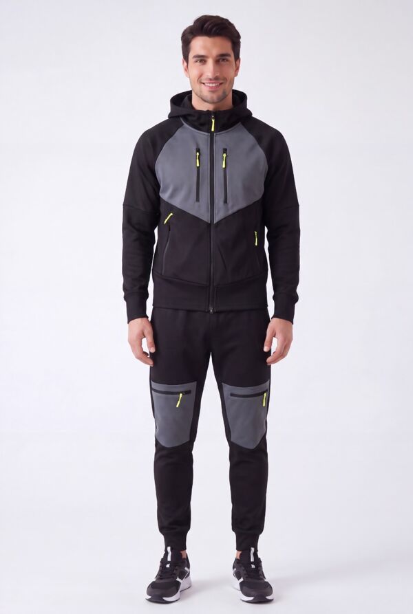 Black With Slate Grey Color block Slim Fit Hooded Jacket & Joggers