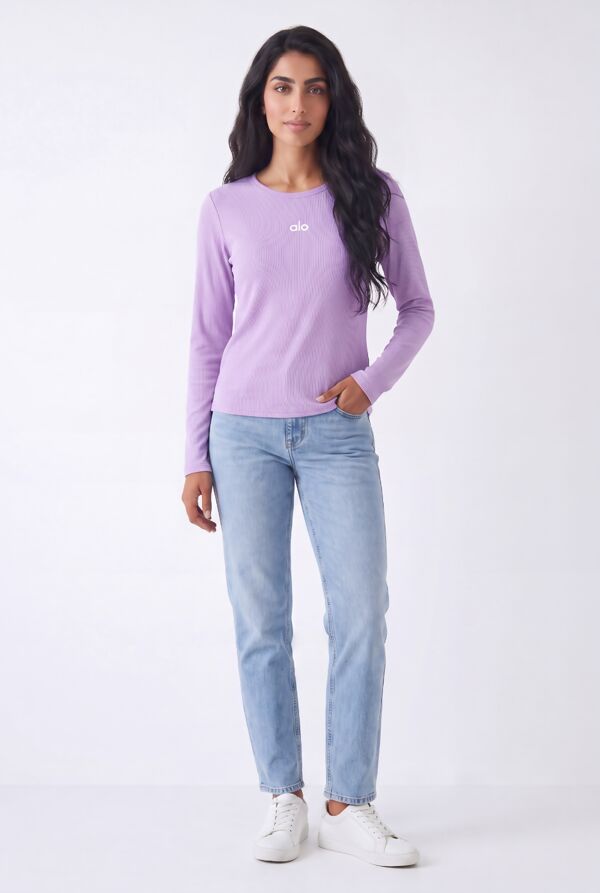 Lilac Crew Neck Printed Slim Fit Stretch Ribbed Top
