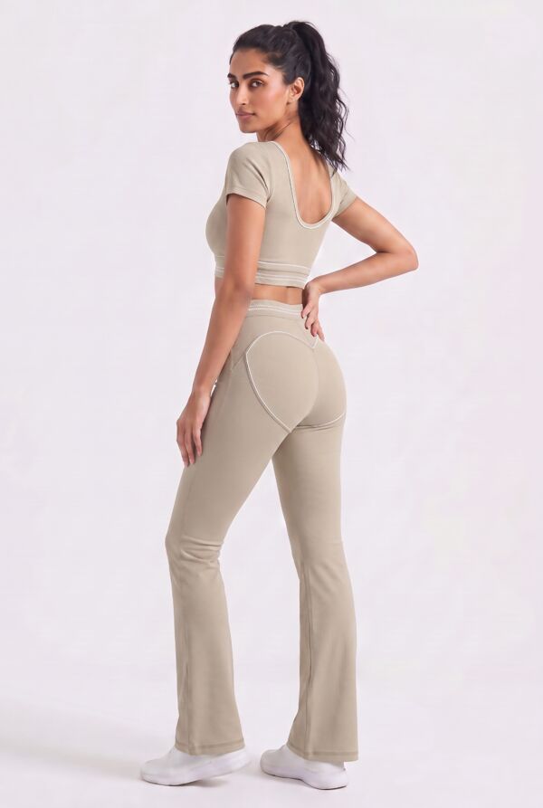 Beige V Neck Crop Top With High Waist Flare Leggings
