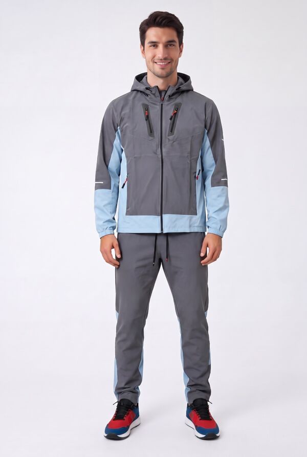 Slate Grey With Mid Blue Color block Windbreaker Hooded Jacket & Jogger