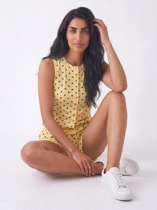 Butter yellow Sleeveless Polka Dot Buttoned Top And Shorts Set