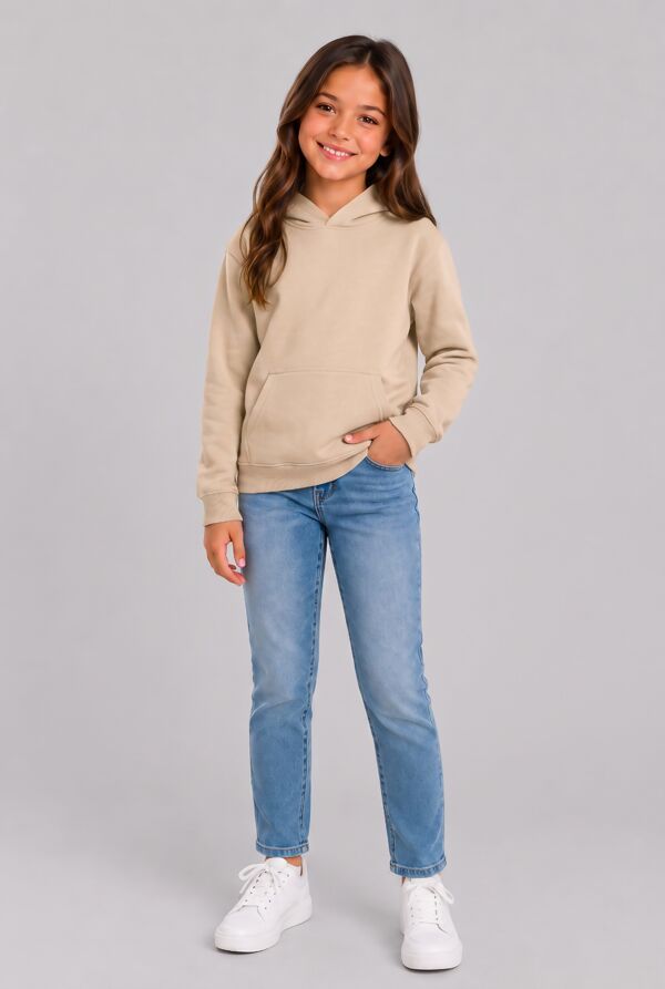 Beige Kids Casual Fleece Pullover Hoodie