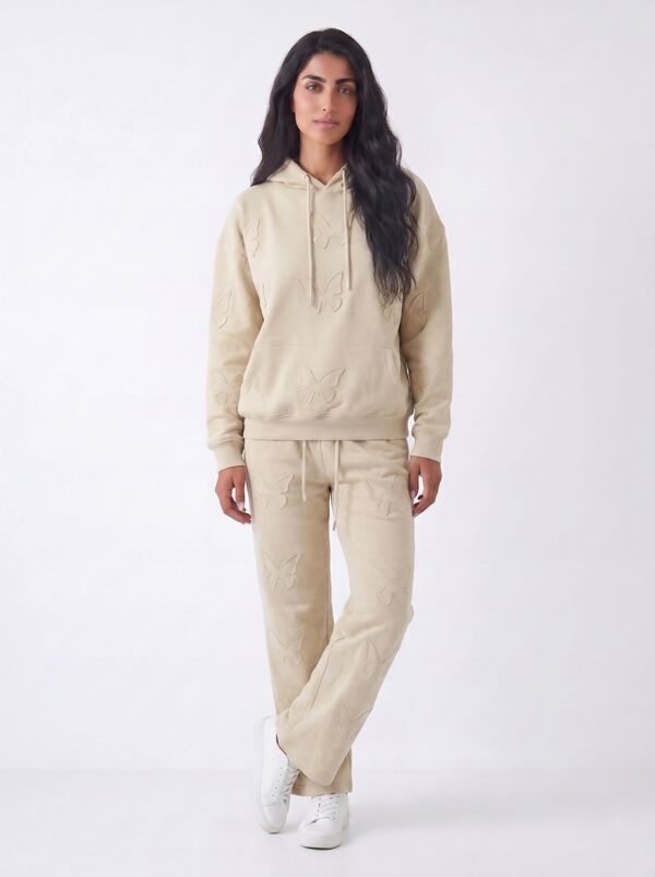 Beige Butterfly Embossed Hoodie Straight Leg Jogger
