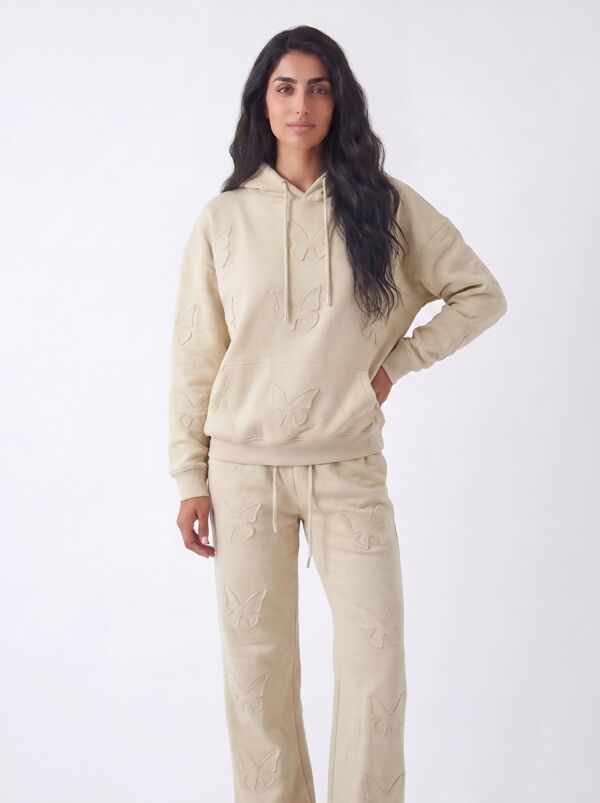 Beige Butterfly Embossed Hoodie Straight Leg Jogger