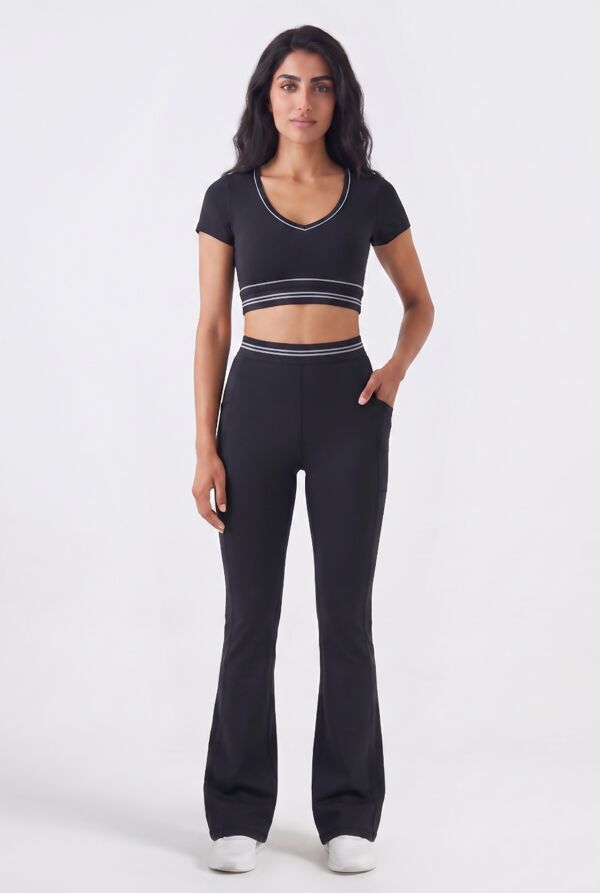 Black V Neck Crop Top With High Waist Flare Leggings