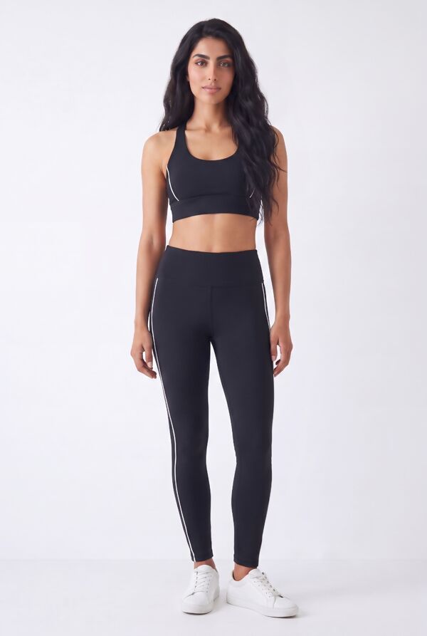 Black Sculpting Contrast Piping Crop Top And High Waisted Legging Set