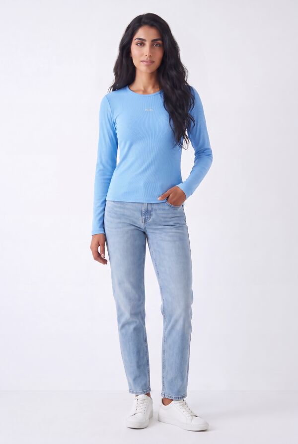 Sky Blue Crew Neck Printed Slim Fit Stretch Ribbed Top