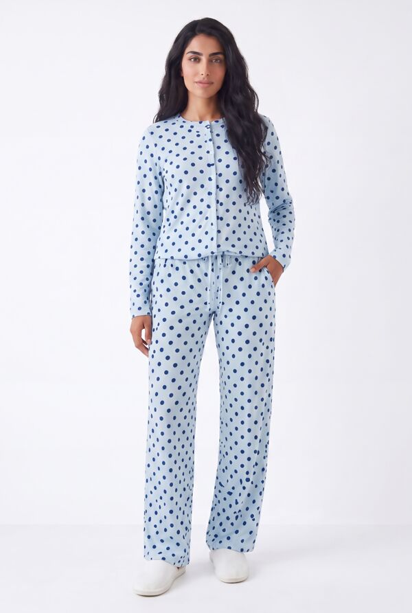 Blue Ribbed Polka Dot Molly Button Top And Wide Leg Trousers