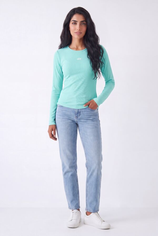 Mint Crew Neck Printed Slim Fit Stretch Ribbed Top