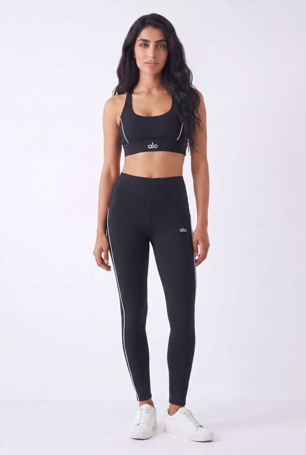 Black Contrast Piping Printed Crop Top And High Waisted Legging Set