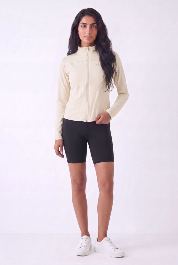 Beige High Neck Printed Lightweight Athletic Jacket