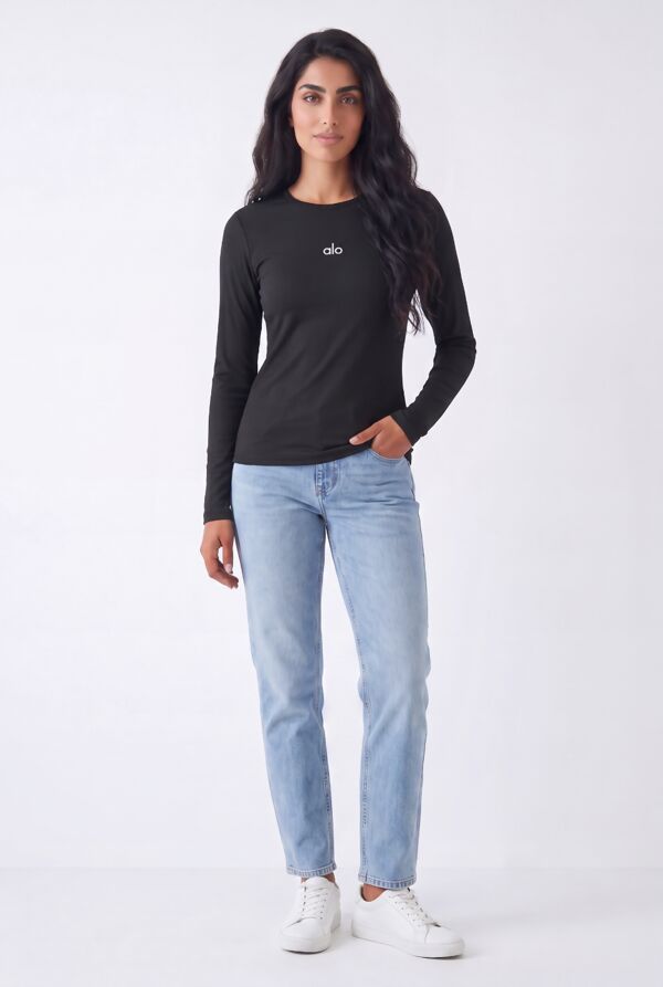 Black Crew Neck Printed Slim Fit Stretch Ribbed Top