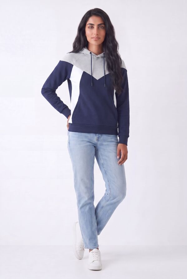 Grey Navy White Colour Block Casual Hoodie
