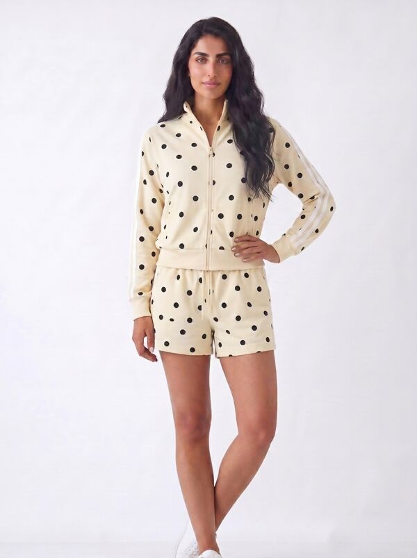 Butter Yellow Polka Dot 2 Stripe Zipped Sweatshirt With Short Set