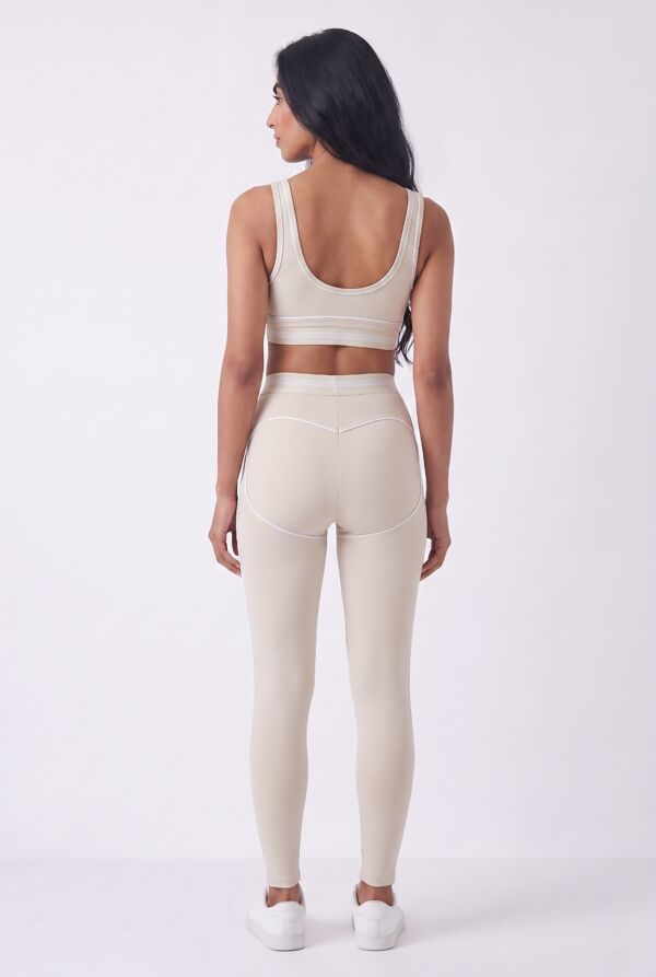 Beige Striped Band Gym Crop Top And Legging Set